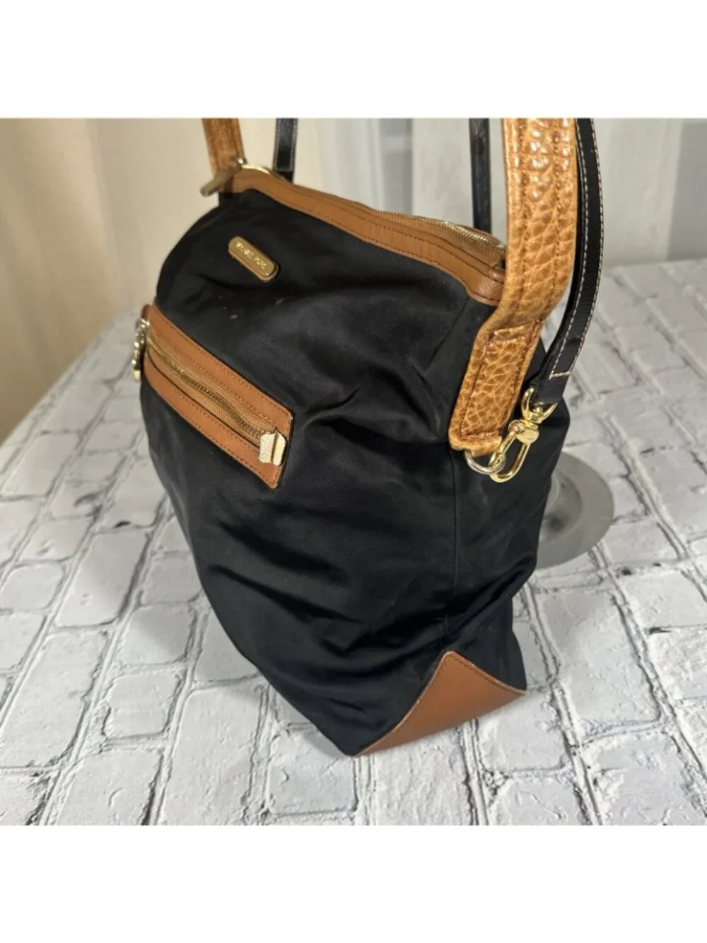Michael Kors Black Cognac Shoulder Bag With Tan Leather Trim Medium Purse